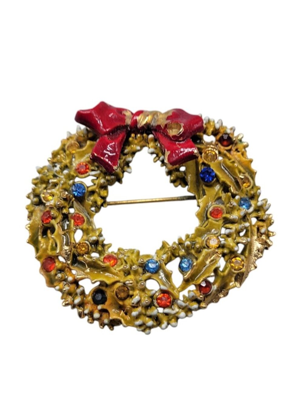 ART Christmas Wreath Brooch Yellow & Res Enamel Rhinestone Balls Vintage Signed
